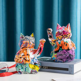 跨境新品几何招财猫创意家居客厅玄关桌面乔迁树脂工艺品装饰摆件