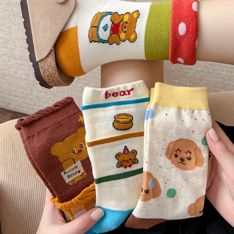Sweet Cartoon Mid-tube Socks for Children Autumn and Winter Japanese Butter Bear Cool Cute Color Matching All-match Stockings