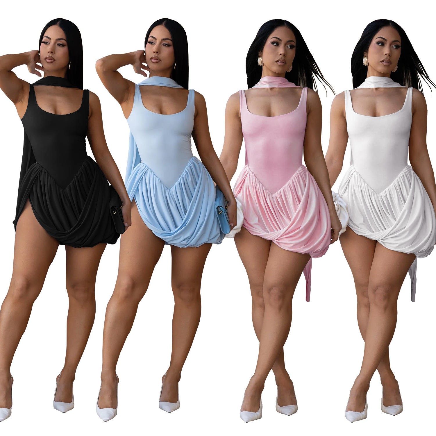C7658 Aliexpress transfronterizo amazon ropa de moda europea y americana sexy color sólido correa de hombro sin mangas vestido corto image 6