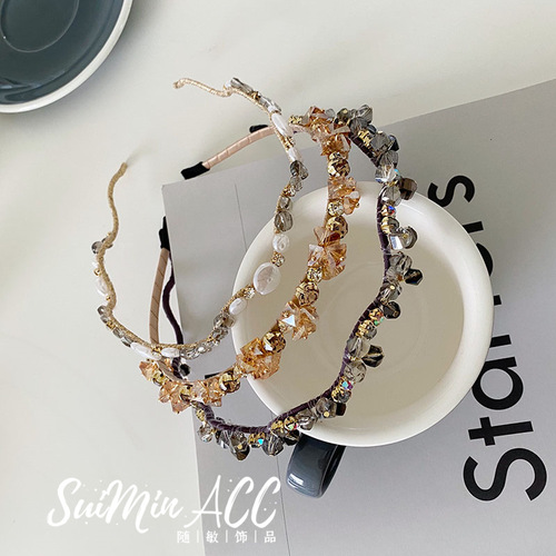 Korean version of the new trendy wave wrapped crystal fine hair hoop full of diamonds Baroque headband bridal headdress pearl hair bundle