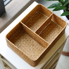 Grass-woven desk organizer with divided storage, coffee table remote control and key holder, cosmetic classification and sorting box