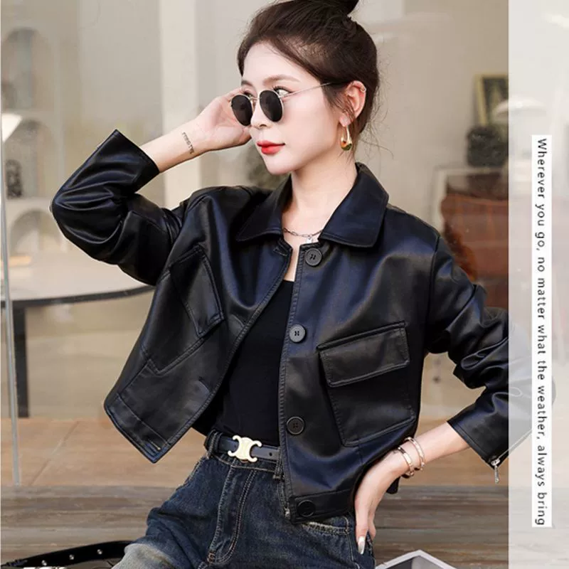 Autumn fashionable short polyurethane jacket, square neckline, 2025 years, loose fit