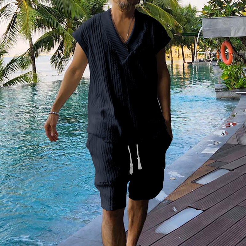 Men's Summer Jacquard Knit Short Sleeve Shirt And Shorts Set, Comfortable Casual Lounge Wear_viptrois.com