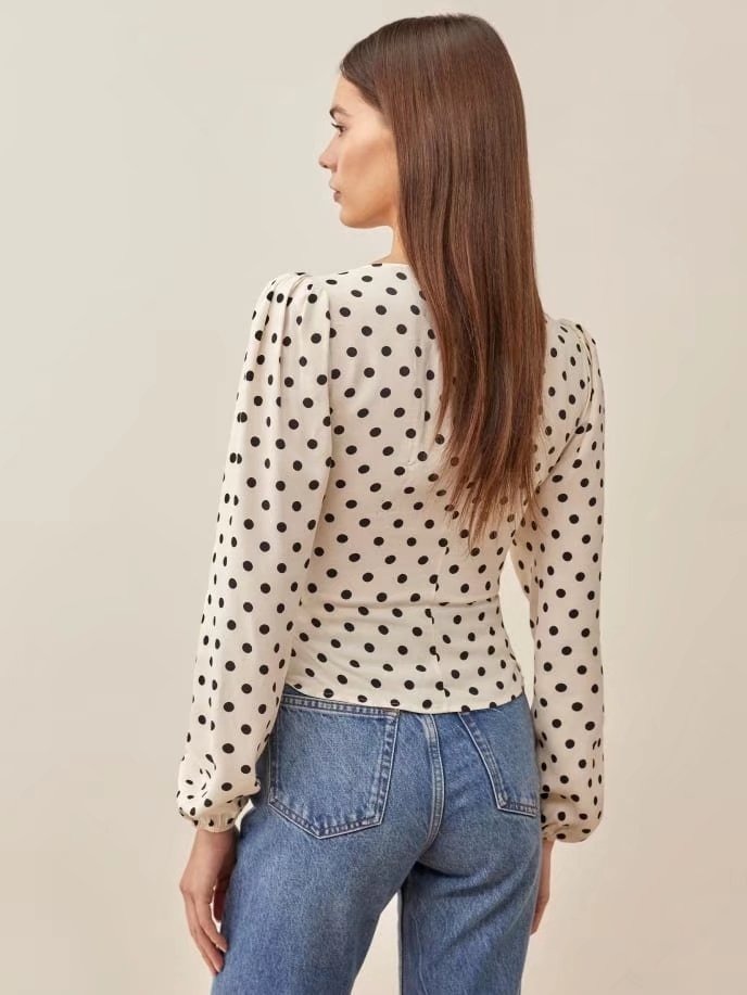 Long Sleeve V Neck Slim Polka Dot Print top NSXDX121505