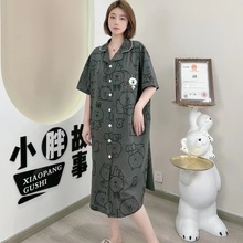 睡裙女夏纯棉短袖翻领开衫薄款针织棉长裙家居服简约休闲大码睡衣