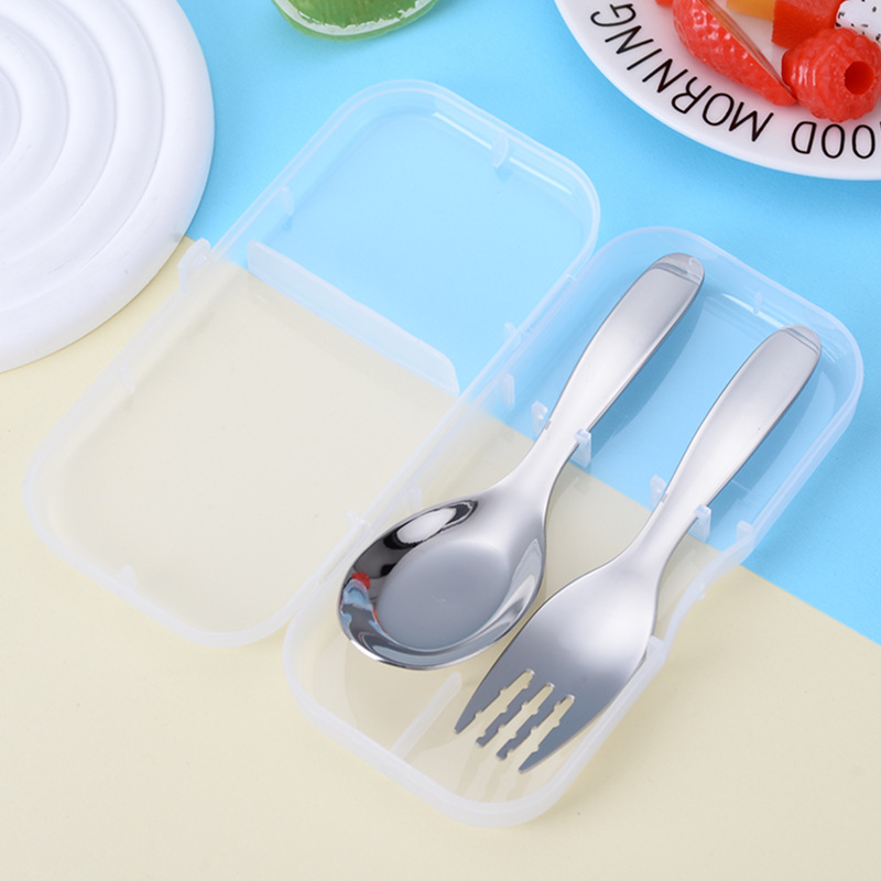 316L 스테인레스 스틸 어린이 숟가락 포크 커버 밝은 두꺼운 아기 학습 식기 포크 스푼 세트 저장 상자 선물