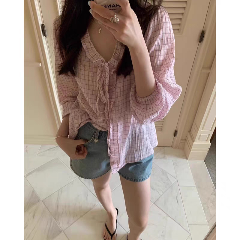 Korean Dongdaemun Retro Plaid Ruffled Edge Loose Collar Stylish Long-Sleeve Sun Protection Shirt