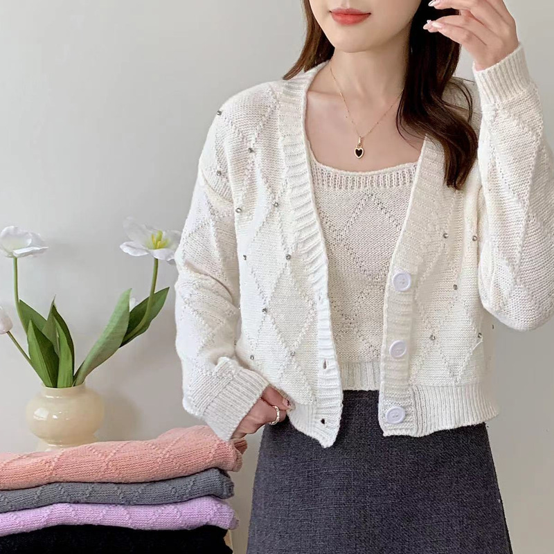 Studded Rhinestone Knitted Cardigan 2024 Spring and Autumn Blouse and Camisole Two-Piece Set, Alana Sweater for Women with Rhinestone Embellishments