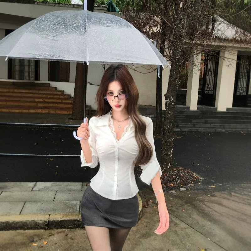 Black Lace Pure Desire Style Long-Sleeve Shirt for Women, New High-End Sexy Slim-Fit Waist-Cinching Blouse Black Lace Pure Desire Style Long-Sleeve Shirt for Women, New High-End Sexy Slim-Fit Waist-Cinching Blouse