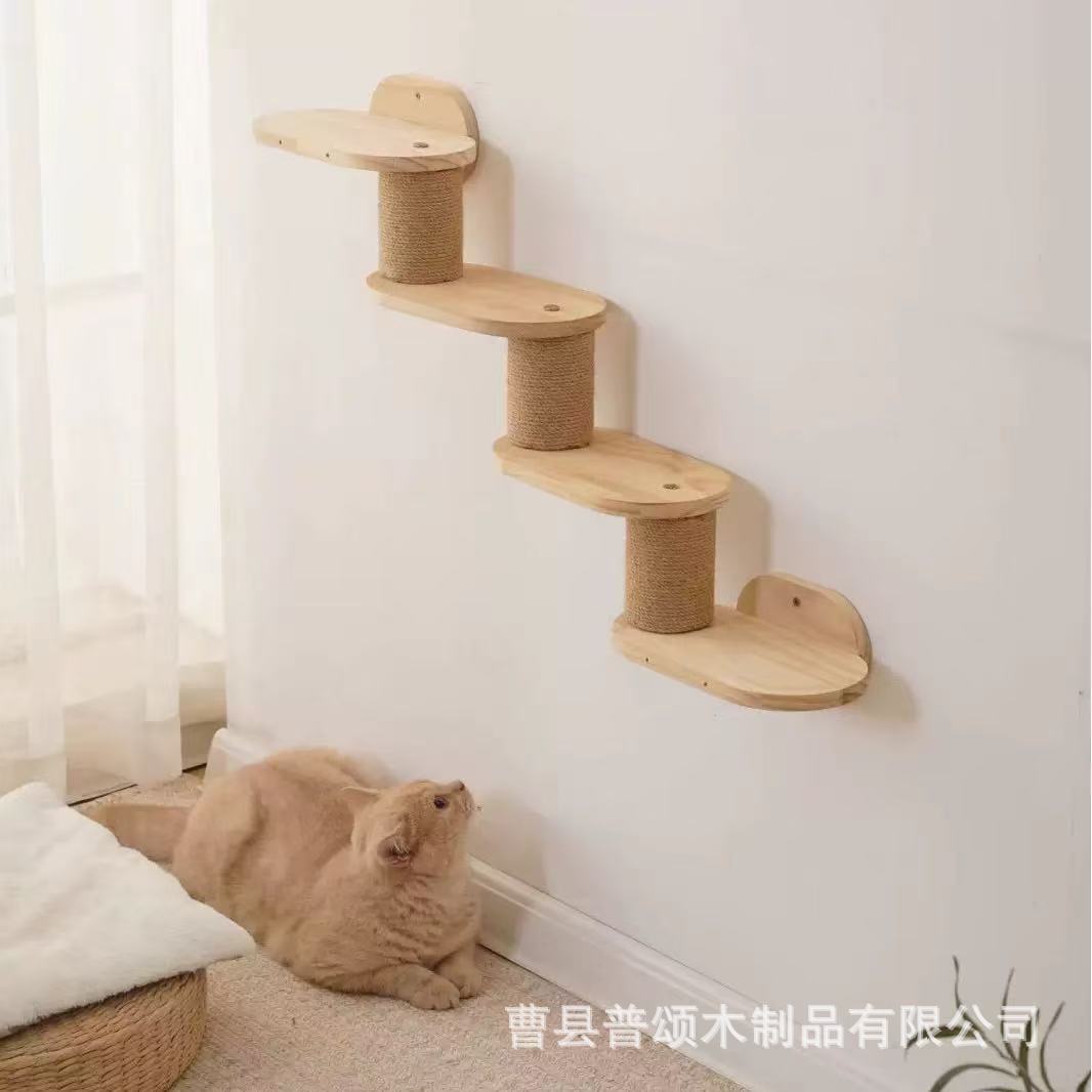 Настенный игровой комплекс для кошек из массива дерева с лестницей