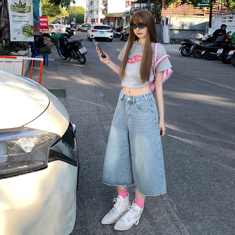 American-style Denim Cropped Pants Women's Summer Retro Loose Wide-leg Mid-length Pants High Waist Slimming plus size Straight Shorts
