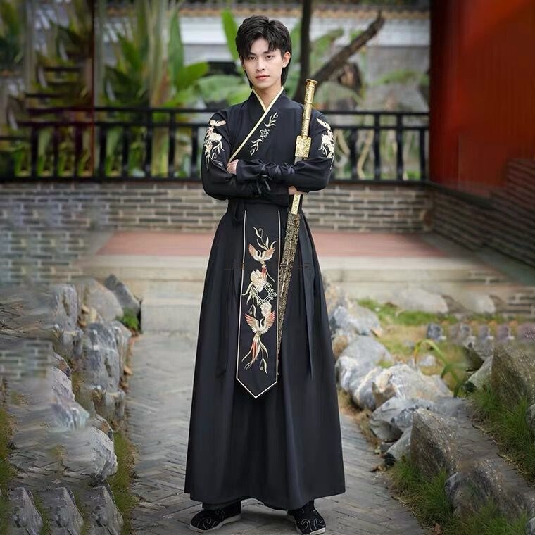Black Style Wei and Jin Hanfu Men's Suit, Ancient Style Men's Fairy Costume, Handsome and Elegant Ming-Style Large Size Student