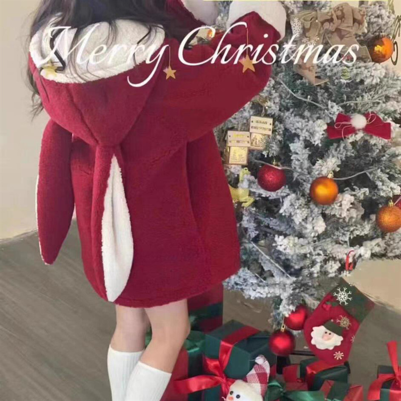 Qianqiu vestimenta de invierno de niñas chaqueta de cordero nuevo niño chaqueta de orejas de conejo extranjero con chaqueta de lana gruesa para bebés