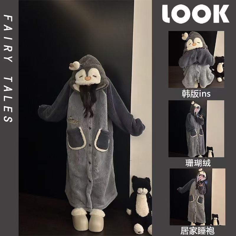 Super Cute Penguin Coral Velvet Pajamas for Women in Autumn and Winter Warm Long-Sleeved Mid-Length Pajamas with Hood That Can Be Worn Outside Home Clothes Super Cute Penguin Coral Velvet Pajamas for Women in Autumn and Winter Warm Long-Sleeved Mid-Length Pajamas with Hood That Can Be Worn Outside Home Clothes