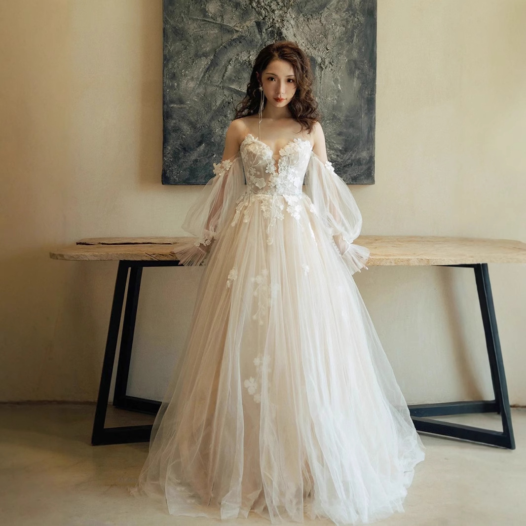 Cross-border supply foreign trade European and American ball performance outdoor lawn light wedding dress puff sleeve bridal party evening dress