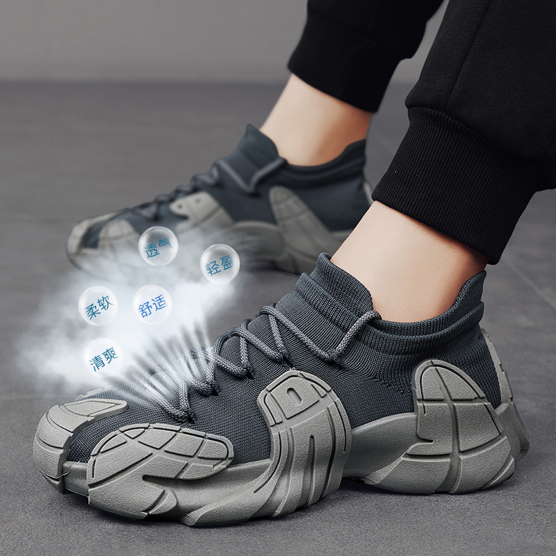 夏季新款时尚个性飞织袜子潮牌鞋透气低帮运动潮鞋厚底增高男鞋