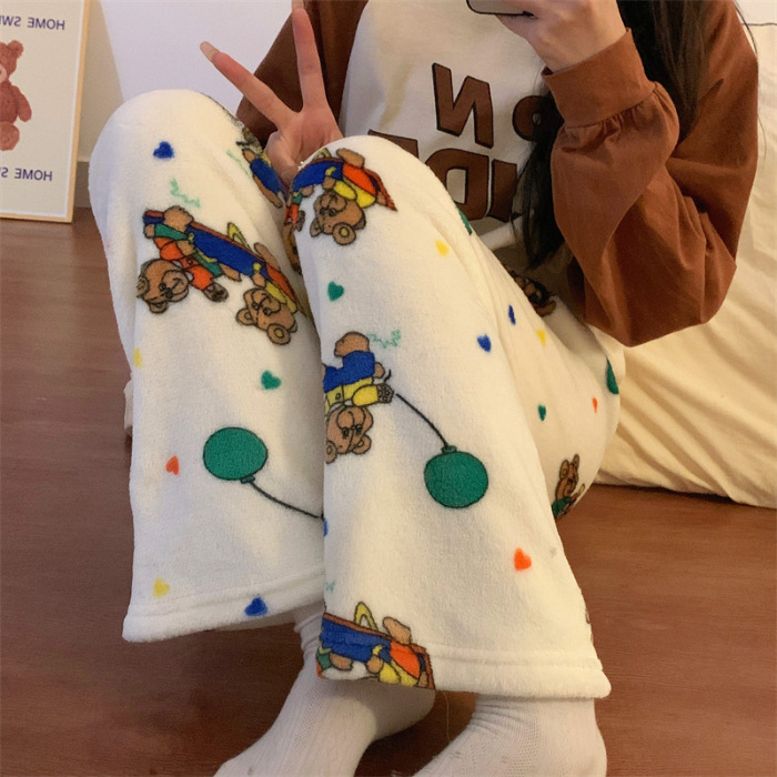 2025 otoño y invierno de flanela de dibujos animados pantalones de pijama individuales gruesos calentados pantalones caseros lindos pantalones