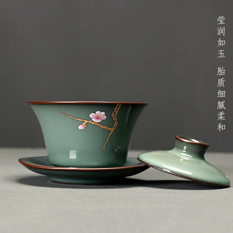 Horno oficial celadón pintado a mano para hacer té cubierta de tres piezas La apertura del Tazón puede elevar el hogar Juego de té de Kung Fu japonés tazón de té de cerámica individual