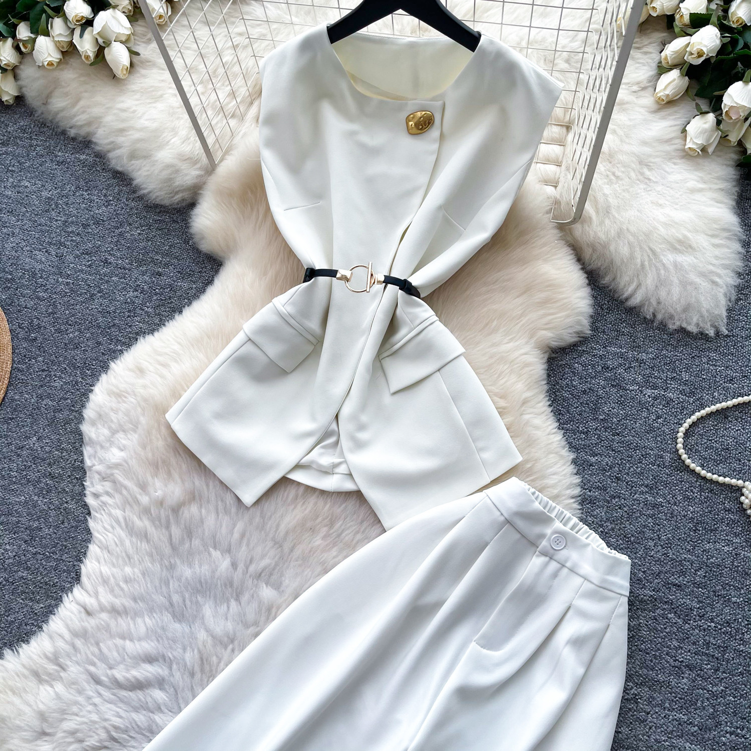 Korean Style Women's Cami Top And High-Waisted Wide Leg Pants Set - Summer Drawstring Waist Two Piece Outfit_ecoleips.com