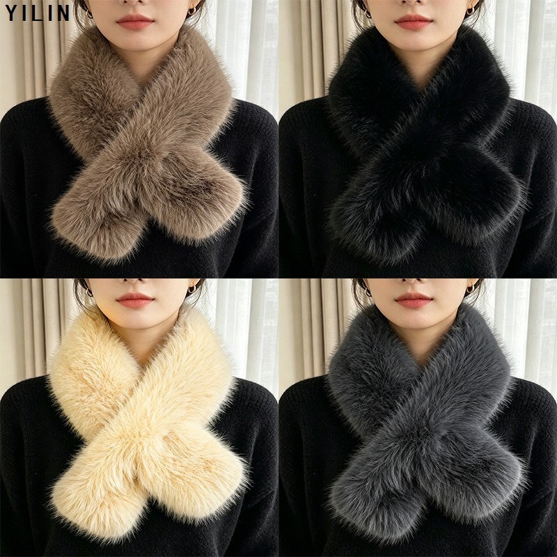 Cross-border versatile faux mink fur cross-neck scarf for women, winter fashion versatile neck warmer, plush fluffy warm neck scarf wholesale