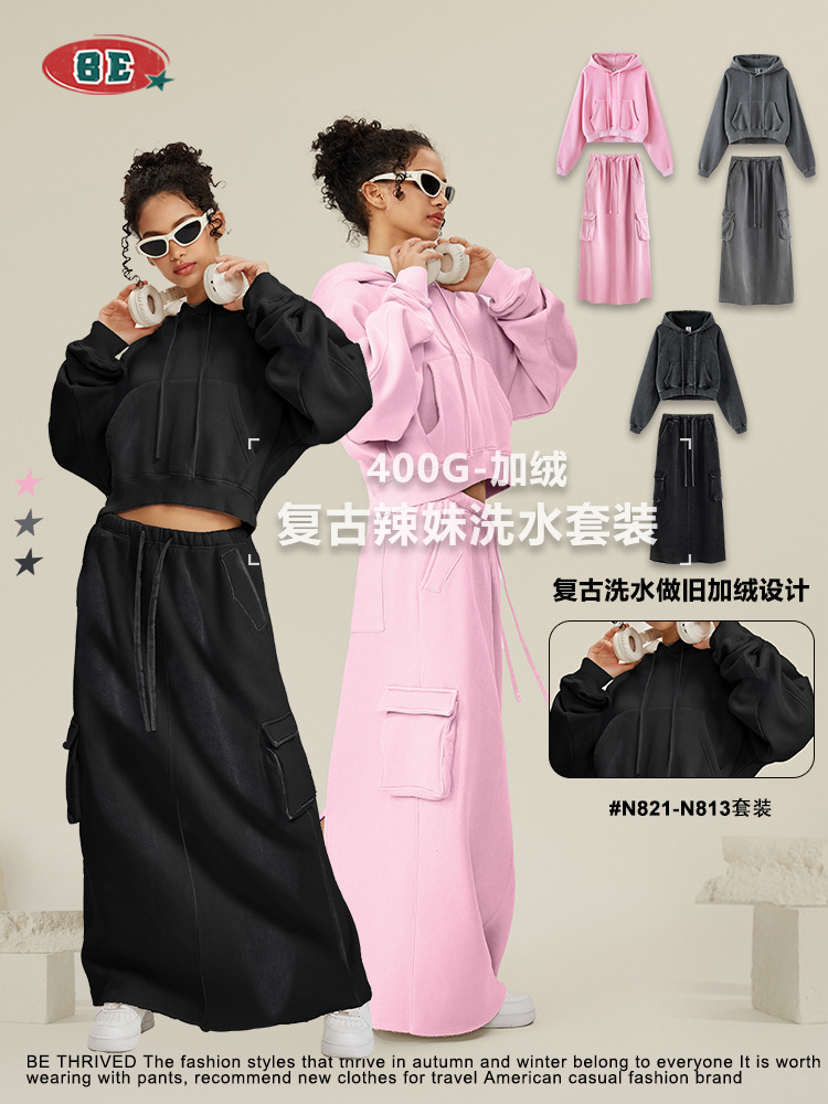 BE ropa de mujer 2025 otoño e invierno retro chica caliente lavado más terciopelo con capucha suéter corto falda larga BM traje de chica caliente mujer image 1