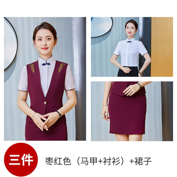 Maroon vest, shirt, mini-skirt