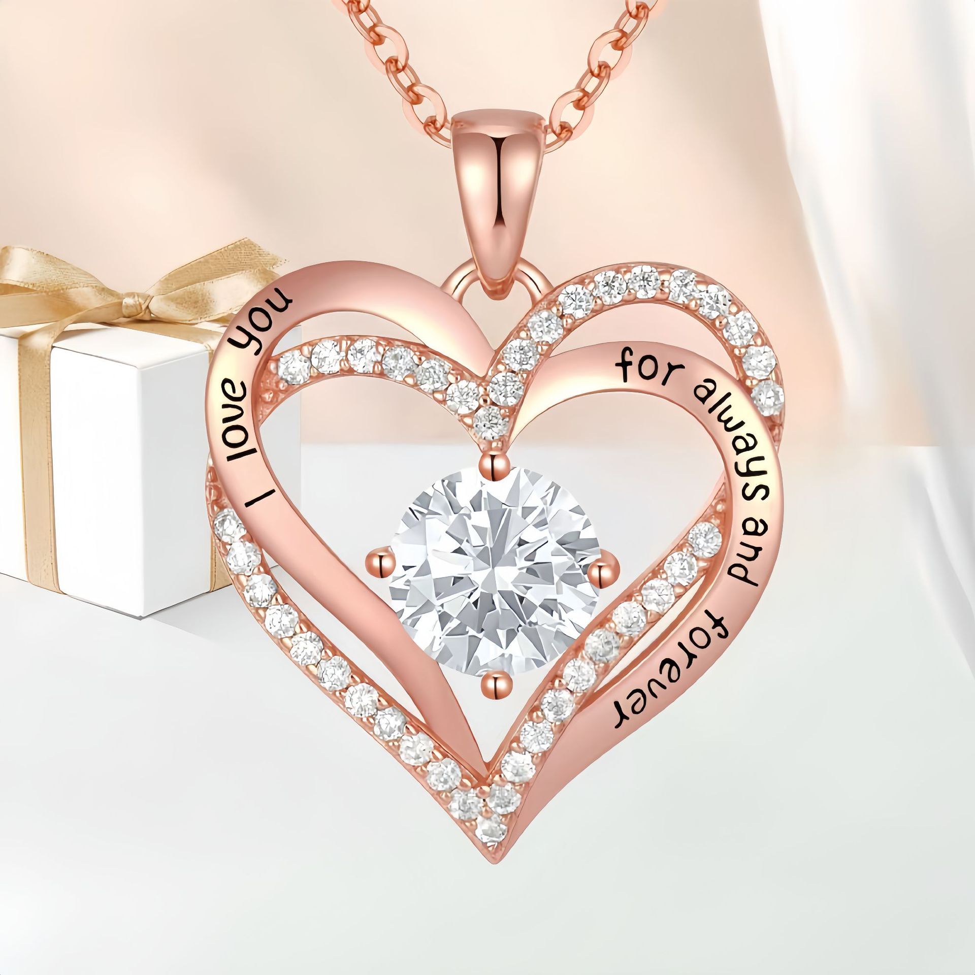 Collar de corazón de circonita colorida con colgante de oro rosa de doble capa, regalo para San Valentín y Día de la Madre