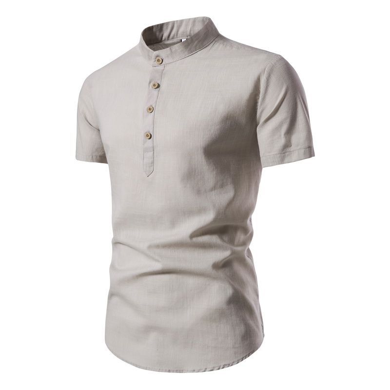 2023 caliente verano lino fino color sólido soporte collar hombres camisa casual manga corta comercio exterior camisa hombres M302