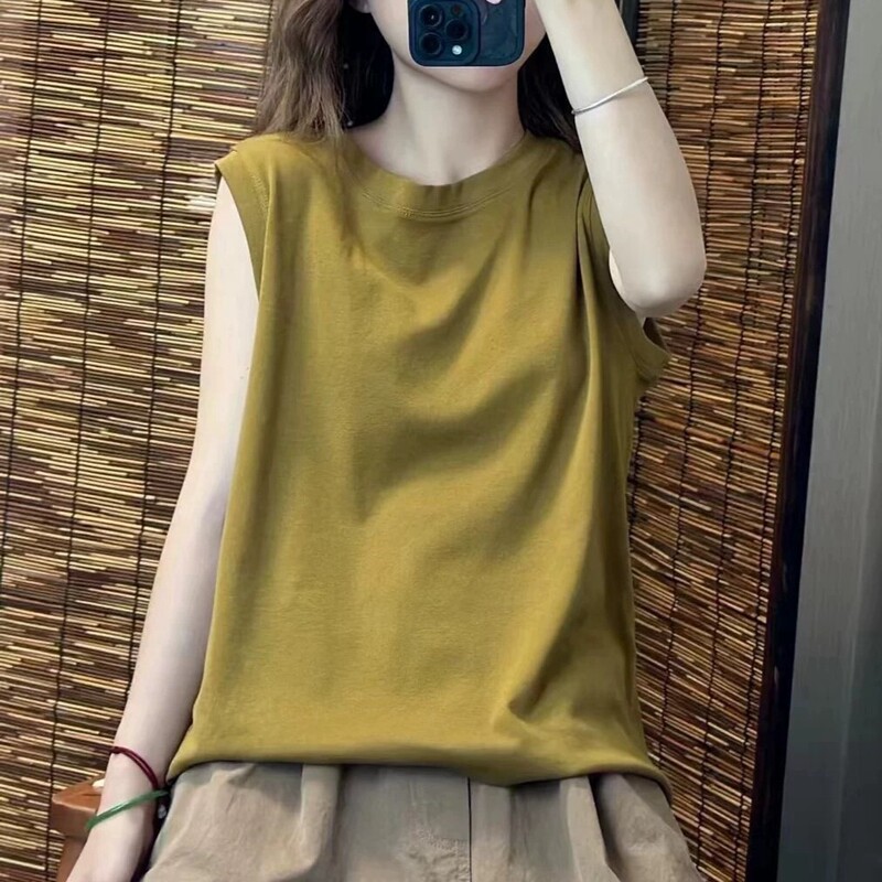 綿ルーズベストレディースアウター春夏ファットMM大きいサイズ痩身ラウンドネックノースリーブTシャツインナーレイヤリングトップ|undefined
