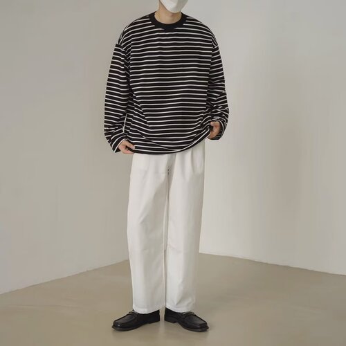 Spring and Autumn New Korean Style Trendy Stylish Retro Striped Print Crew Neck Long Sleeve T-shirt for Men Loose Fit Top