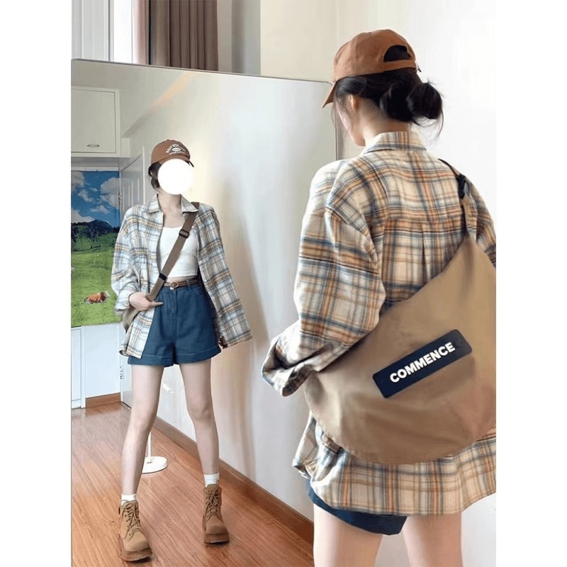 复古宽松慵懒风格子衬衫女早秋新品韩版休闲简约长袖外搭通勤小衫|undefined