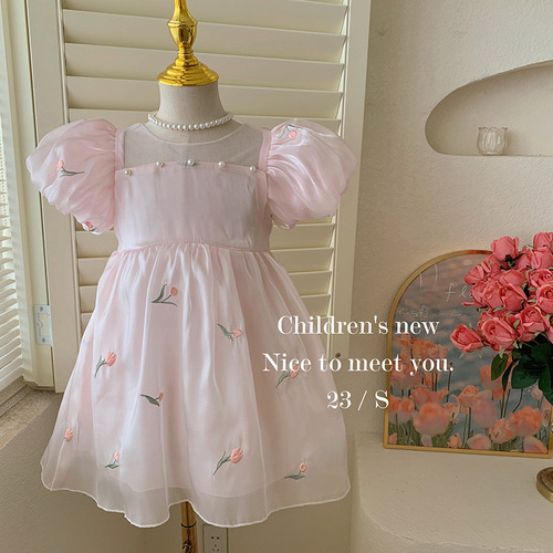 2024 new summer girls' sweet three-dimensional sequin wings embroidered flower puff sleeve short-sleeved princess dress