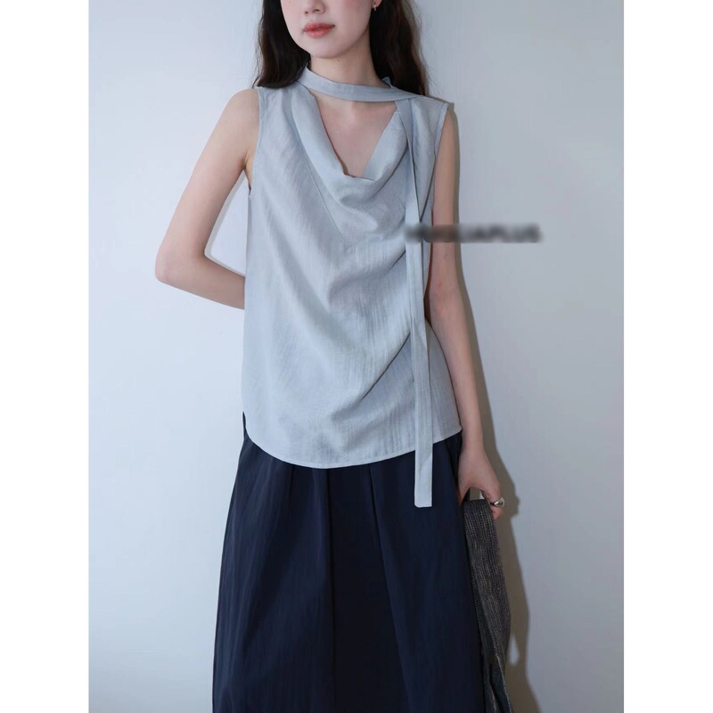 Korean Style New Elegant Ribbon Swing Collar Right Shoulder Top Women's Summer Slim Design T-Shirt Small Shirt Vest