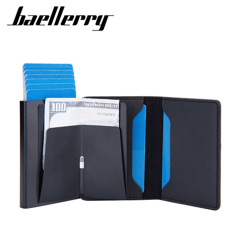 baellerry men's leather contrast color side push antimagnetic anti-theft card holder rfid short automatic ejection card holder