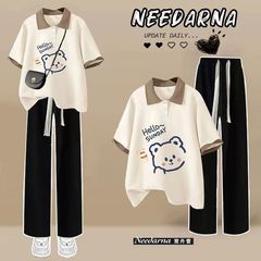 Single/Sets Summer Fresh Student Korean Style Cute Polo Neck Short Sleeve + Wide Leg Pants College Style Two-Piece Set