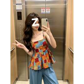 复古度假风彩色油画印花吊带背心女夏季绝美漂亮短款露背无袖上衣