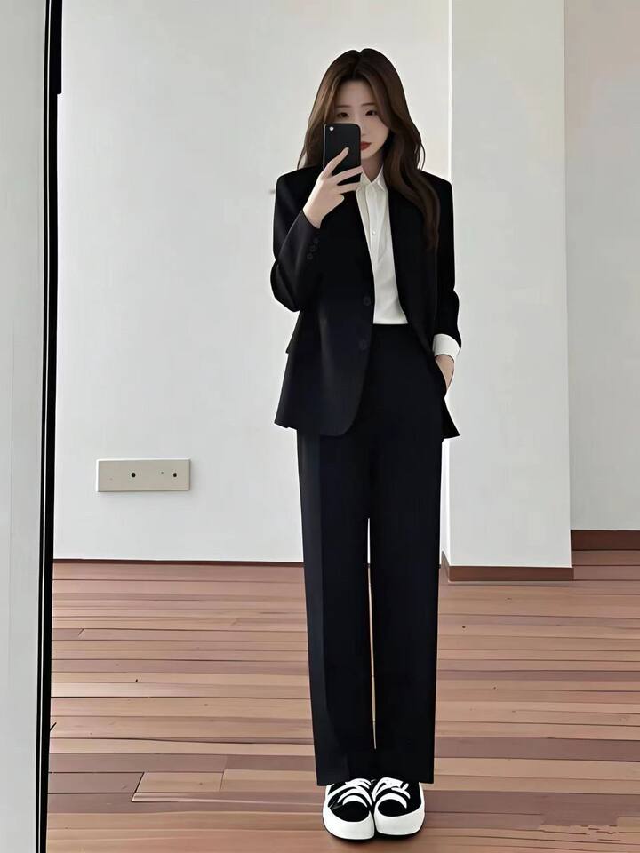 Bộ vest nữ công sở áo khoác vest đen dài tay kèm quần tây ống đứng — Quần tây ống đứng một chiếc, chiều dài quần khoảng 97cm, Áo khoác vest đơn chiếc, Áo khoác vest đơn + Quần tây ống đứng màu đen tuyền chi tiết 18