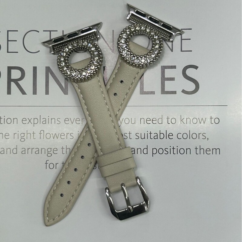 Suitable for Apple Smart Watches, Light Gray Leather Strap with Diamond-Encrusted Ring Buckle, Fresh Style Smart Wristband, Manufacturer's Supply Source