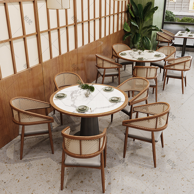 Sillas de comedor de madera maciza de caña de cera retro madera envolvida tabla de roca mesa de comedor de lino hotel sala de desayuno mesa de comedor sillas
