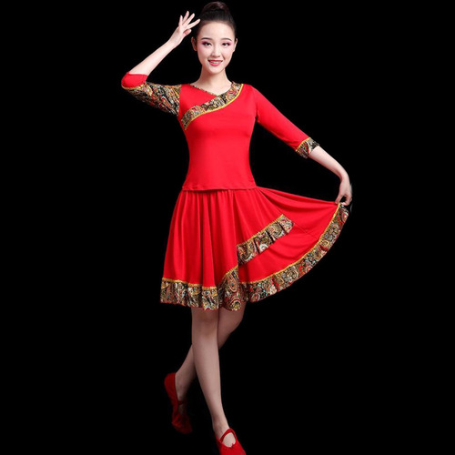 Spring and summer square dance clothing new suit Tibetan dance long-sleeved culottes Latin dance middle-aged and elderly performance clothing