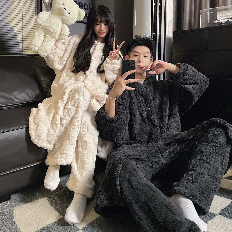 2025 Winter Coral Fleece Couple Pajamas Women's Thickened Hooded Men's Warm and Plaid Pajamas Home Clothes Set