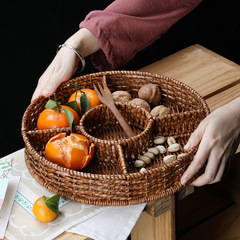 Household Chinese-style rattan-woven fruit bowl outdoor picnic fruit divided tray snack candy pastry dry fruit plate