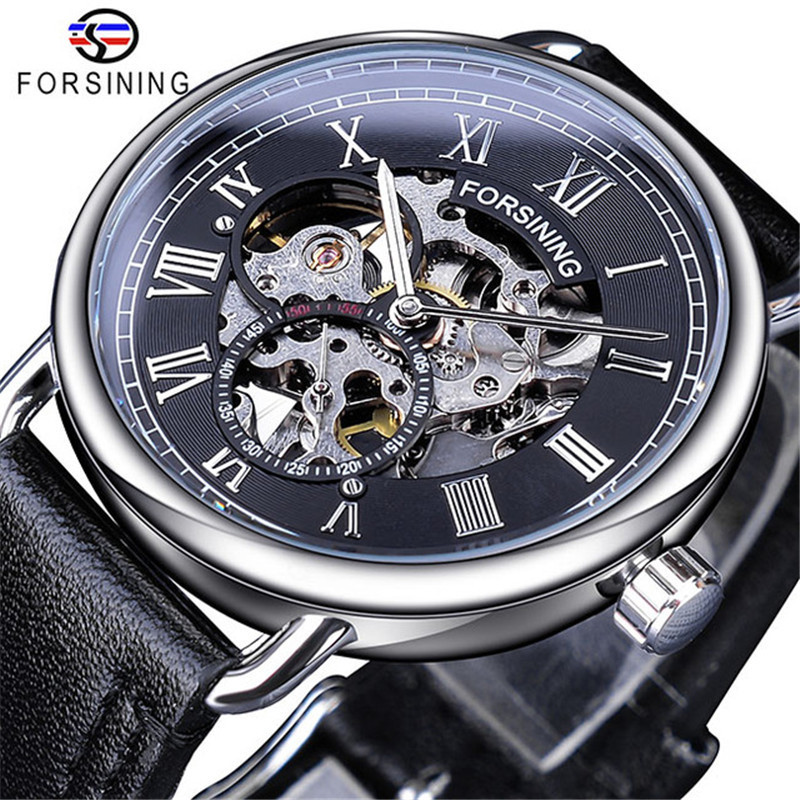 Forsining reloj de los hombres de la moda cinturón casual clásico popular hueco transparente inferior manual reloj mecánico