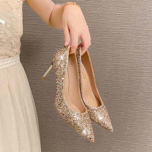 New French Champagne Color Bridal Shoes, Wedding Shoes with Crystal Glitter, Slip-On Glitter Pointed-Toe High Heels, Mother-of-the-Bride Shoes with Thin Heels