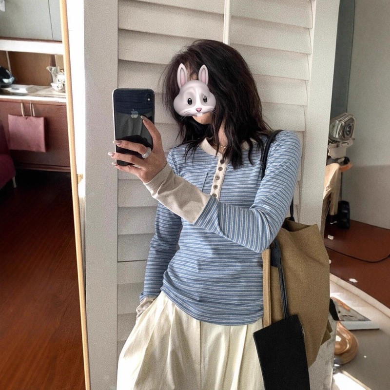 Korean Style Stripesd Contrasting Half-Open Collar Design Long-Sleeved T-Shirt for Women Autum New Slim Slimming Look Bottoming Shirt Top