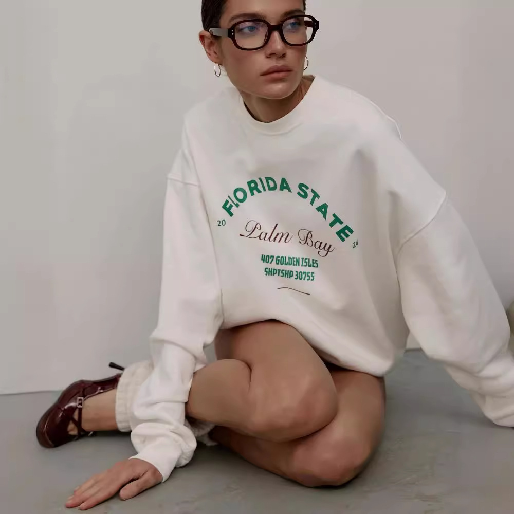 Felpa girocollo casual con stampa di lettere di base per donna, versatile e ampia, unisex, primaverile e autunnale_voghion.com