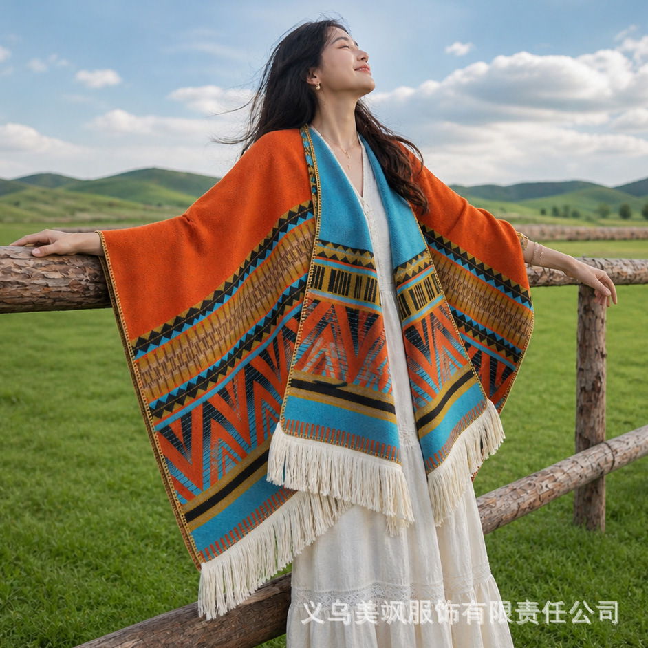 Inner Mongolia travel faux lamb wool bright-colored thickened and dense ethnic style large shawl for taking photos in the grasslands