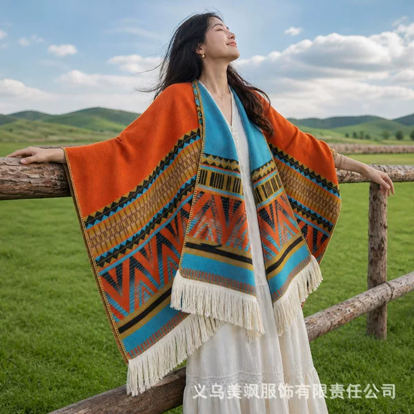 Inner Mongolia travel faux lamb wool bright-colored thickened and dense ethnic style large shawl for taking photos in the grasslands