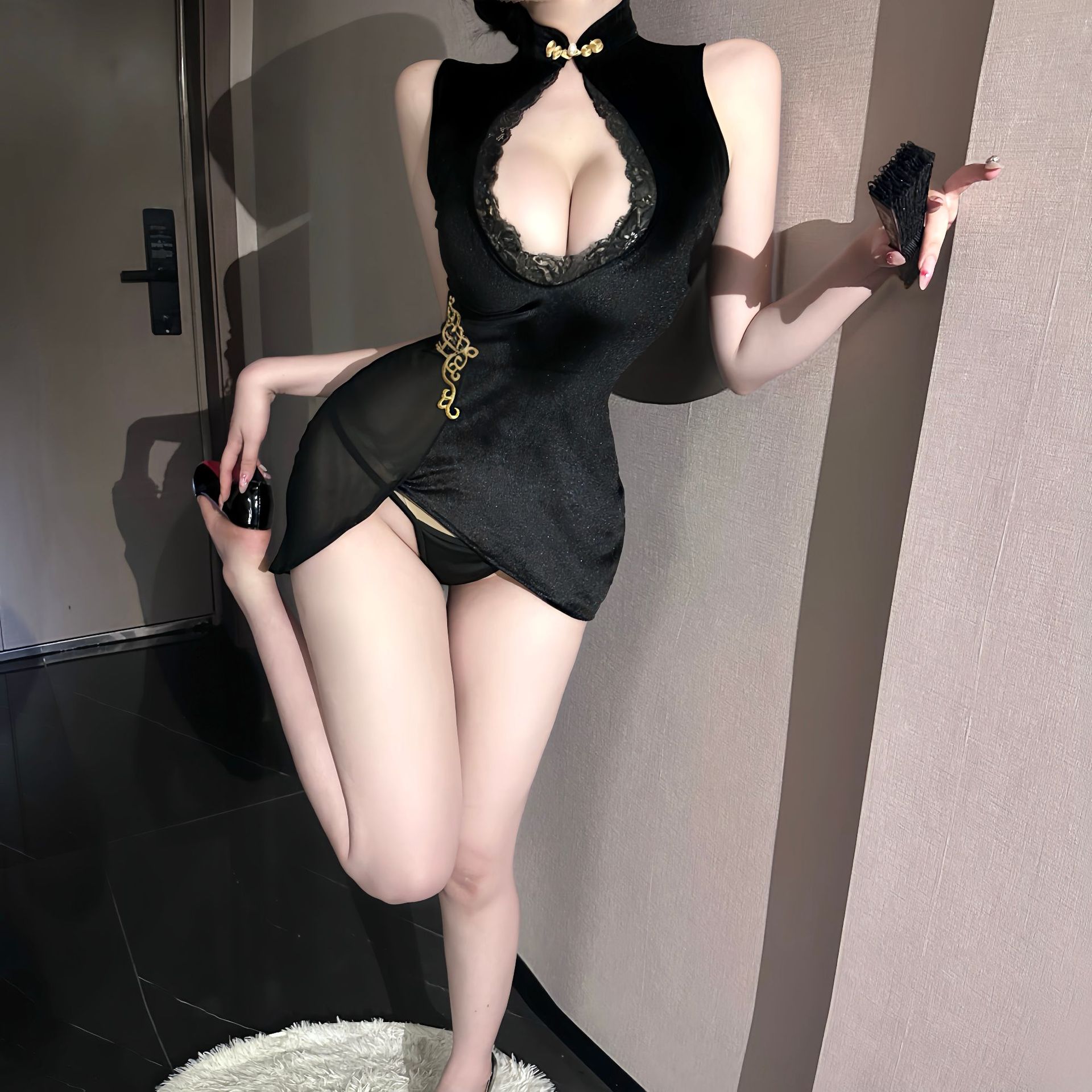 Sheer Lace Cheongsam Uniform Set with Stand Collar, Deep V-Neck and Hollow-Out Design — detail image 5