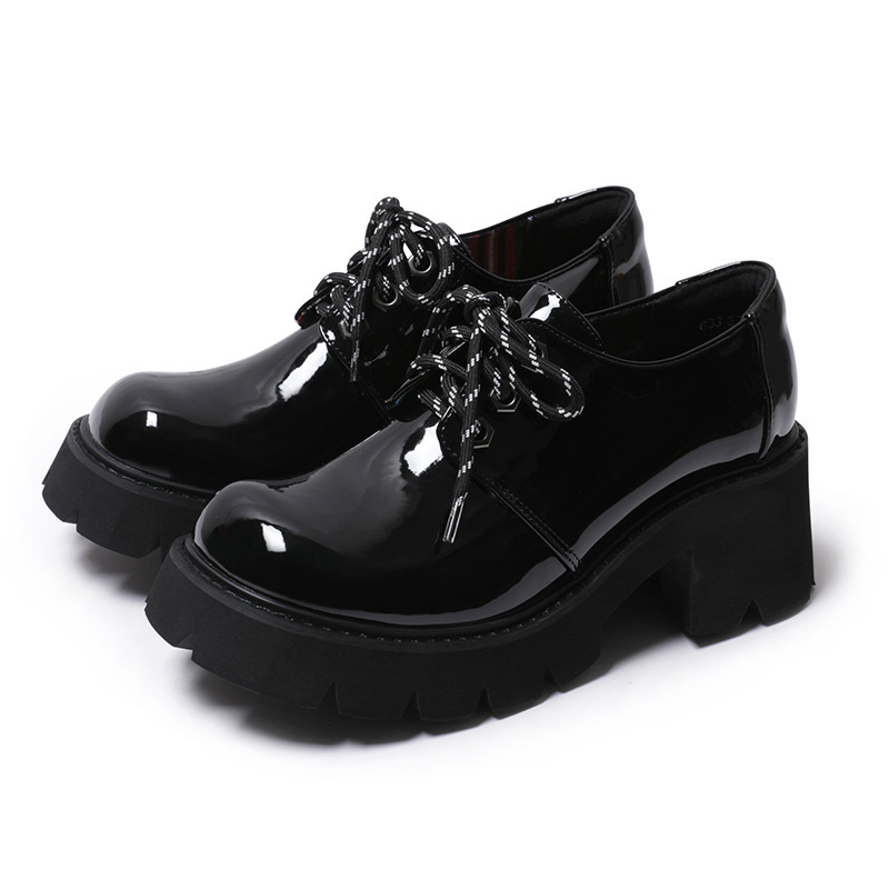2023 Spring Thick Bottom Round Toe JK Leather Shoes Women's High Heel Sweet Cool British Patent Leather Shoes 2023 Spring Thick Bottom Round Toe JK Leather Shoes Women's High Heel Sweet Cool British Patent Leather Shoes
